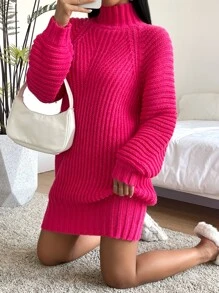 SHEIN Essnce High Neck Raglan Sleeve Jumper Dress - Hot Pink - View 6