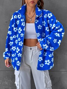 SHEIN EZwear Floral Pattern Drop Shoulder Teddy Jacket - Blue - View 3
