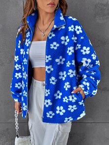 SHEIN EZwear Floral Pattern Drop Shoulder Teddy Jacket - Blue - View 5