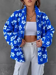 SHEIN EZwear Floral Pattern Drop Shoulder Teddy Jacket - Blue - View 1