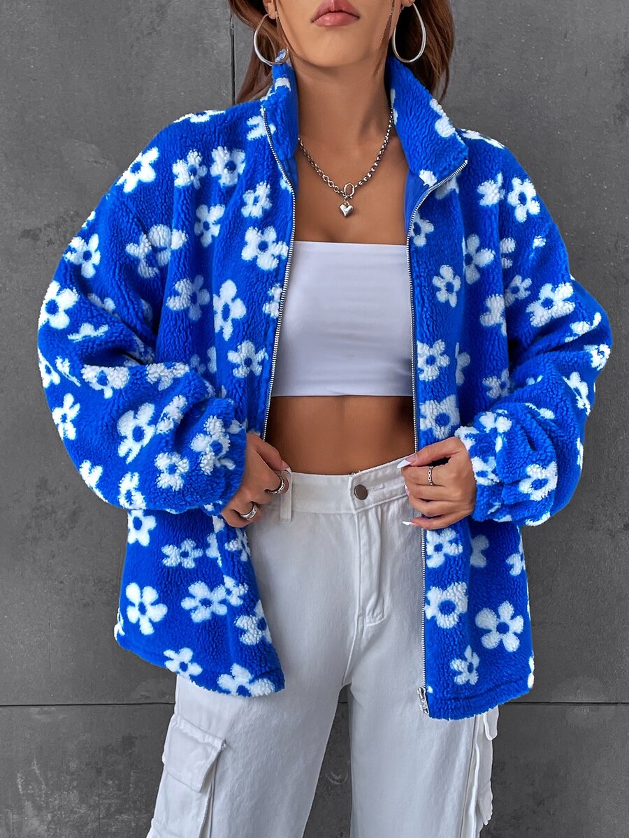 SHEIN EZwear Floral Pattern Drop Shoulder Teddy Jacket - Blue - View 1