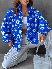 SHEIN EZwear Floral Pattern Drop Shoulder Teddy Jacket - Blue - View 2