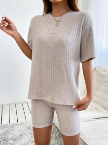 SHEIN PETITE 落肩T恤和騎行褲 - 杏色 - 查看 6