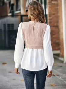 SHEIN Frenchy Two Tone Puff Sleeve 2 In 1 Blouse Winter Casual - Multicolor - View 2