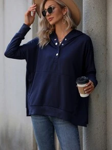 Capucha con botón de hombros caídos - Azul Marino - Ver 1