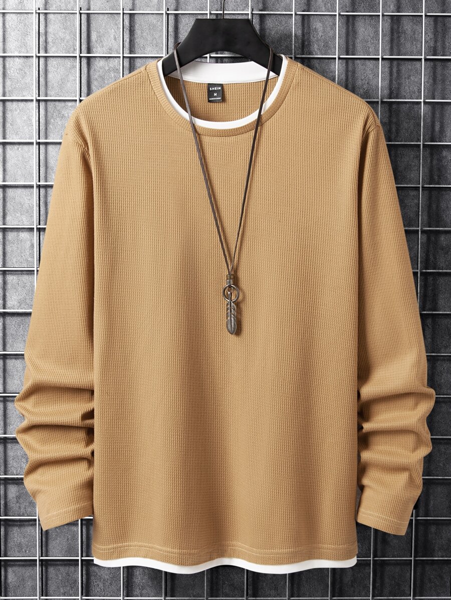 Manfinity Homme 男士纯色华夫格针织二合一长袖休闲拼色T恤，适合外出、丈夫穿着，秋季