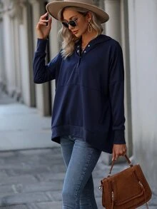 Capucha con botón de hombros caídos - Azul Marino - Ver 5