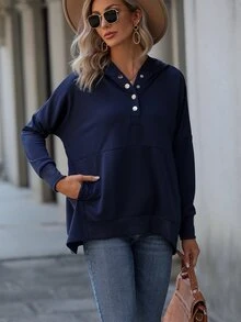 Capucha con botón de hombros caídos - Azul Marino - Ver 6