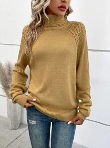 SHEIN LUNE Jersey de cuello tortuga de manga raglán - Caqui - Ver 3