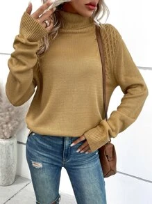 SHEIN LUNE Jersey de cuello tortuga de manga raglán - Caqui - Ver 4