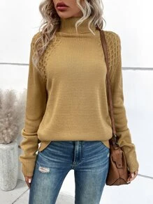 SHEIN LUNE Jersey de cuello tortuga de manga raglán - Caqui - Ver 5