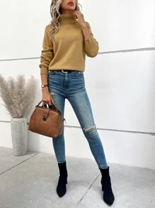 SHEIN LUNE Jersey de cuello tortuga de manga raglán - Caqui - Ver 6