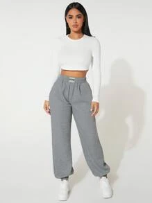SHEIN PETITE Letter Patched Slant Pocket Joggers - Grey - View 3