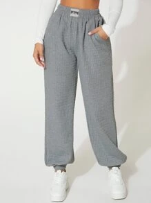 SHEIN PETITE Letter Patched Slant Pocket Joggers - Grey - View 4
