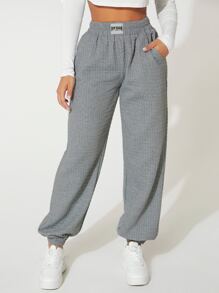 SHEIN PETITE Letter Patched Slant Pocket Joggers - Grey - View 5