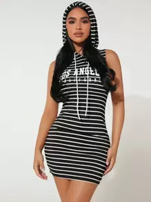 SHEIN PETITE Striped & Letter Graphic Drawstring Hooded Bodycon Dress