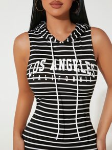 SHEIN PETITE Striped & Letter Graphic Drawstring Hooded Bodycon Dress