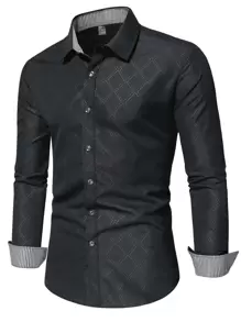 Manfinity Mode Men Plaid Print Shirt Slim Fit Long Sleeve Button Up Color Block Formal Shirt Dress Shirt - Black - View 1