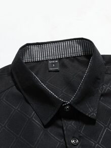 Manfinity Mode Men Plaid Print Shirt Slim Fit Long Sleeve Button Up Color Block Formal Shirt Dress Shirt - Black - View 4