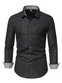 Manfinity Mode Men Plaid Print Shirt Slim Fit Long Sleeve Button Up Color Block Formal Shirt Dress Shirt - Black - View 6