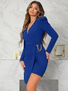 SHEIN Privé Vestido de manga gigot con diseño de cadena cruzado fruncido - azul real - Ver 3