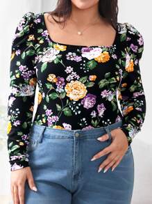 SHEIN Clasi Plus Floral Print Puff Sleeve Square Neck Tee - Multicolor - View 1