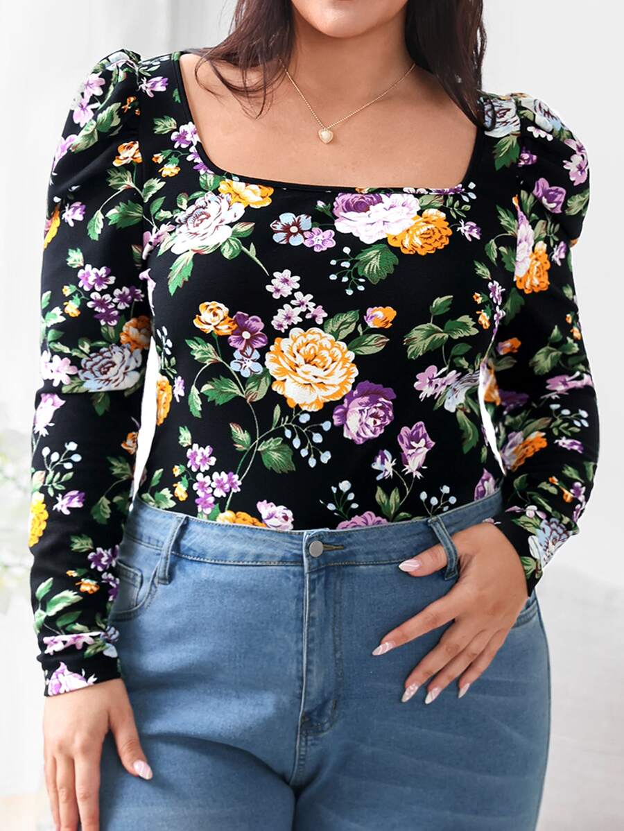 SHEIN Clasi Plus Floral Print Puff Sleeve Square Neck Tee - Multicolor - View 1