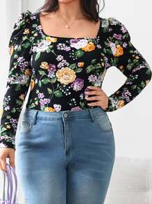 SHEIN Clasi Plus Floral Print Puff Sleeve Square Neck Tee - Multicolor - View 3