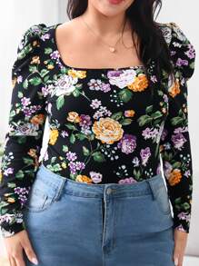 SHEIN Clasi Plus Floral Print Puff Sleeve Square Neck Tee - Multicolor - View 5