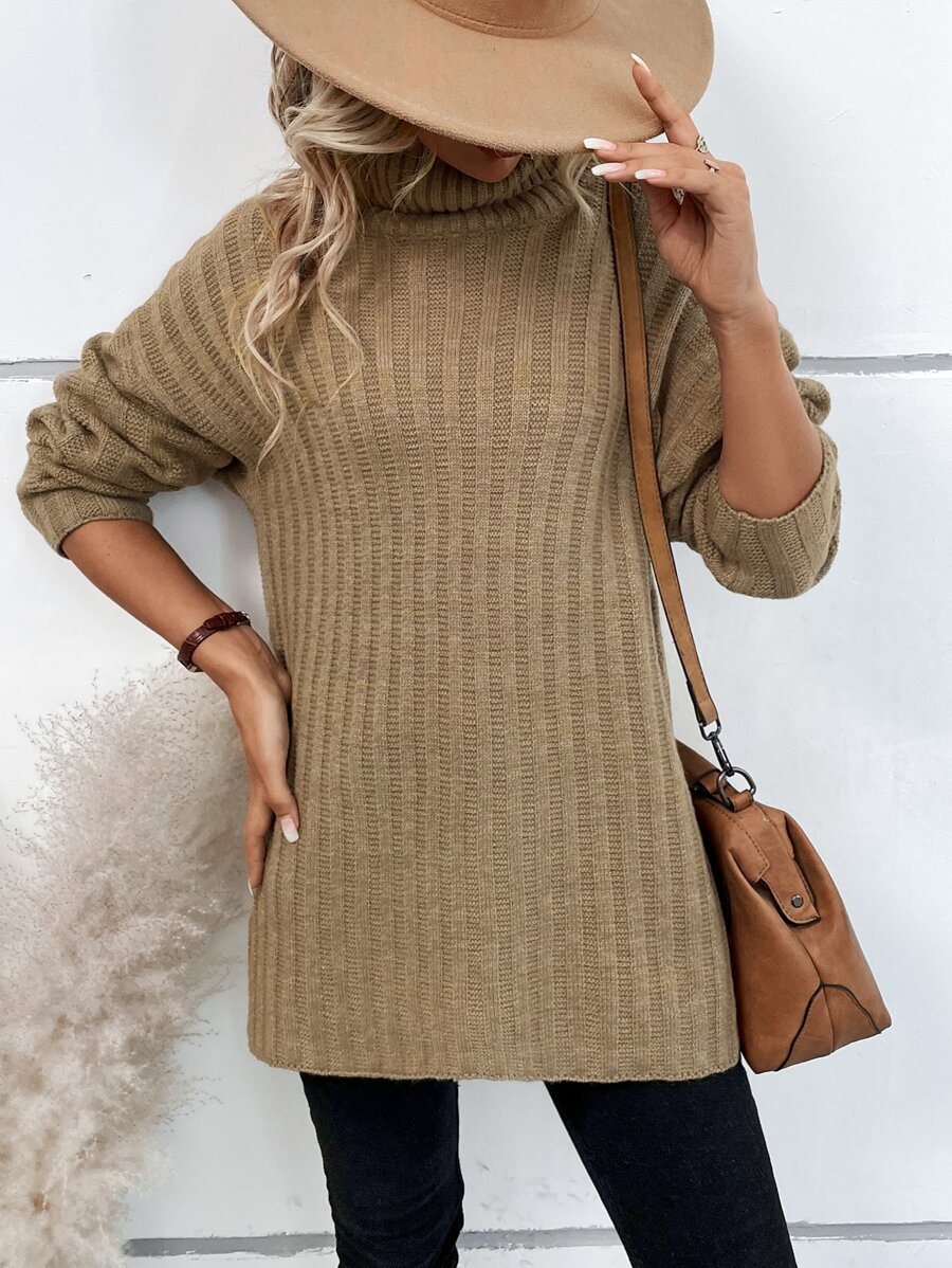 Turtleneck Drop Shoulder Jumper - Khaki - View 1