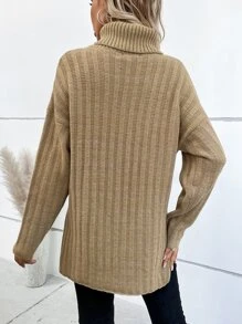 Turtleneck Drop Shoulder Jumper - Khaki - View 2