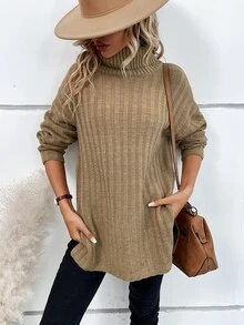 Turtleneck Drop Shoulder Jumper - Khaki - View 3