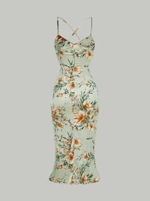 SHEIN MOD Floral Print Crisscross Tie Back Drawstring Split Thigh Dress - Mint Green - View 6
