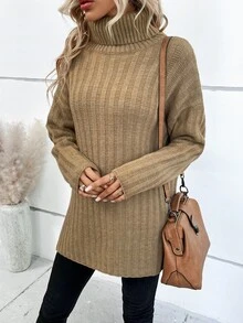 Turtleneck Drop Shoulder Jumper - Khaki - View 6
