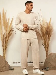 Manfinity Homme 男士素色T恤和運動褲 - 杏色 - 查看 1