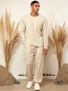 Manfinity Homme 男士素色T恤和運動褲 - 杏色 - 查看 7