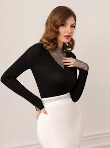 Modelyn 嵌入網紗薄透T恤 - 黑色 - 查看 2