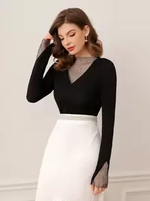 Modelyn 嵌入網紗薄透T恤 - 黑色 - 查看 3