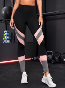 Colour Block Wideband Waist Sports Leggings - Black - View 1