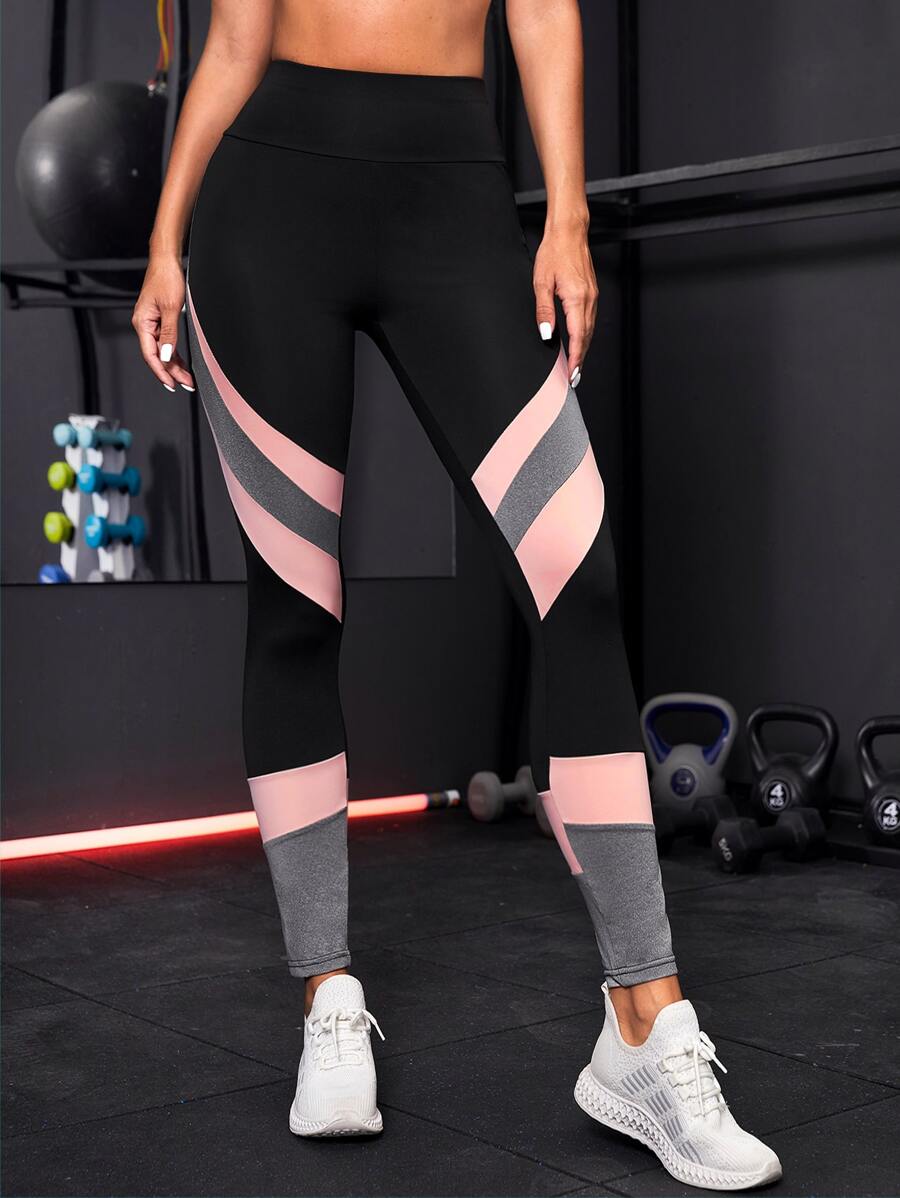 Colour Block Wideband Waist Sports Leggings - Black - View 1