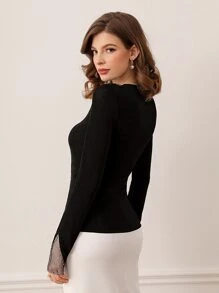 Modelyn 嵌入網紗薄透T恤 - 黑色 - 查看 4