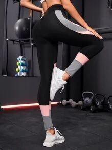 Colour Block Wideband Waist Sports Leggings - Black - View 2
