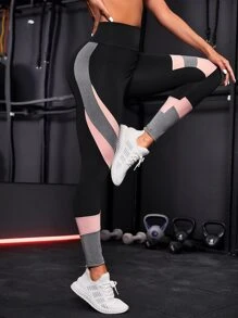 Colour Block Wideband Waist Sports Leggings - Black - View 3