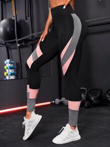 Colour Block Wideband Waist Sports Leggings - Black - View 4