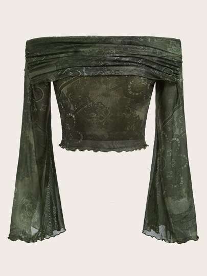 SHEIN ICON Floral Print Off Shoulder Trumpet Sleeve Y2K Grunge Crop Mesh Top