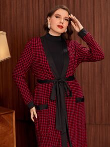 SHEIN Clasi 大碼口袋貼布腰帶千鳥格外套和緊身褲套裝 - 彩色 - 查看 3