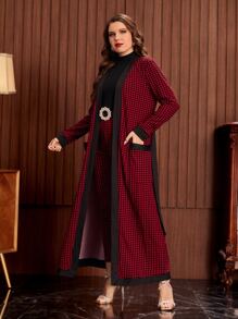 SHEIN Clasi 大碼口袋貼布腰帶千鳥格外套和緊身褲套裝 - 彩色 - 查看 4