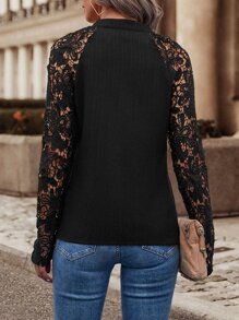 SHEIN Essnce Contrast Lace Raglan Sleeve Notched Neck Blouse - Black - View 2