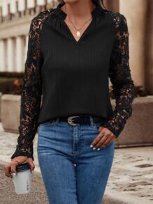 SHEIN Essnce Contrast Lace Raglan Sleeve Notched Neck Blouse - Black - View 3
