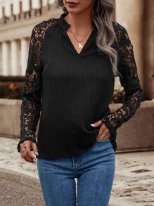 SHEIN Essnce Contrast Lace Raglan Sleeve Notched Neck Blouse - Black - View 4